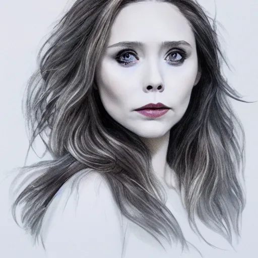 Prompt: Elizabeth Olsen as Scarlet Witch, head and shoulders portrait, extremely detailed masterpiece, one single continues line.