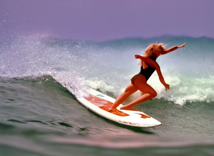 Image similar to color photo of a shark fin in water. surfergirl riding a wave in the 8 0's