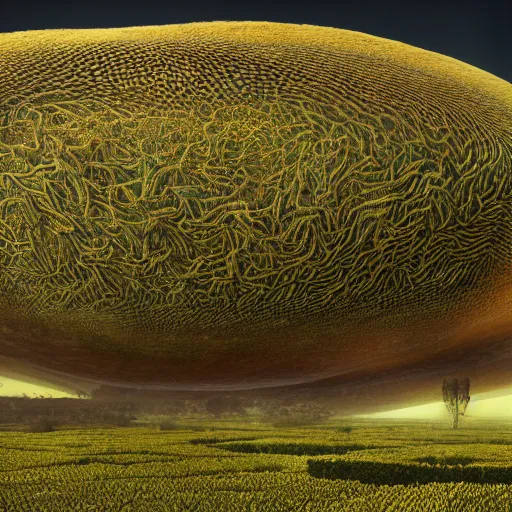 Prompt: large fields,bio-inspired design,neri oxman,alien nature,organic growth, panoramic,boris vallejo style,photorealistic,unreal engine 5,octane render