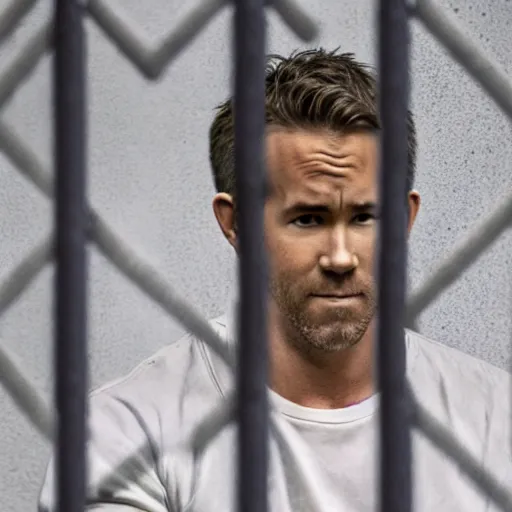 Prompt: Ryan Reynolds in prison uniform behind bars, holding the bars with his hands wanting out, highly detailed, high quality, HD, 4k, 8k, Canon 300mm, professional photographer, 40mp, lifelike, top-rated, award winning, realistic, sharp, no blur, edited, corrected, trending