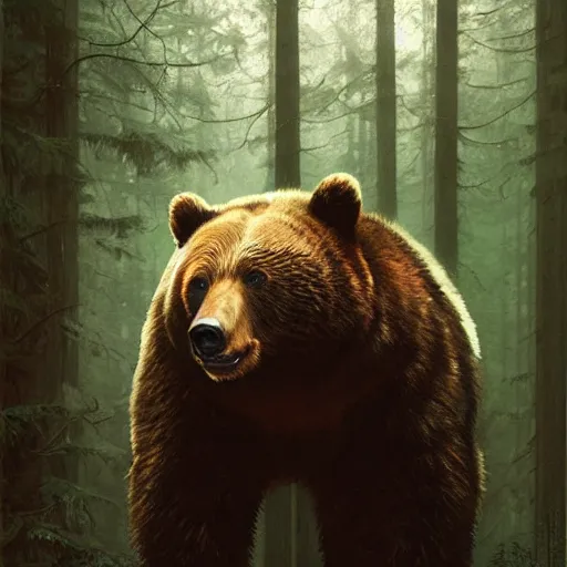 Prompt: dark scene of a bear, surrounded by glowing eyes in the forest, realistic shaded lighting poster by ilya kuvshinov katsuhiro otomo, magali villeneuve, artgerm, jeremy lipkin and michael garmash and rob rey