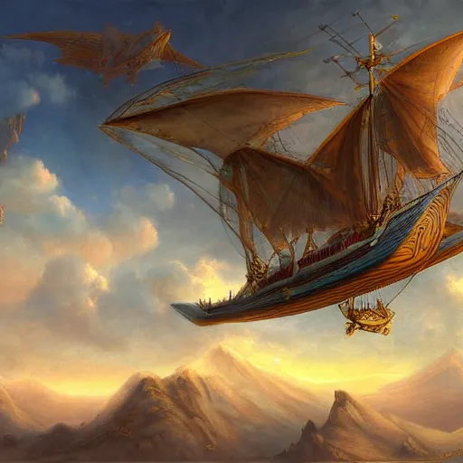 Prompt: ( magic skyship ) flying over ( fantasy landscape ), highly detailed, beautiful