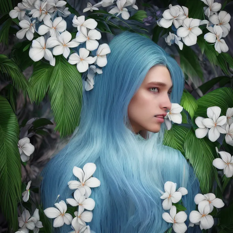 Image similar to “hyperrealistic ultra detailed unreal engine 5 RTX raytracing nvidia hairworks render of portrait of the most beutiful girl with blue eyes and white hair. She is in amazing tropical flowers. Beautiful Photo. Photorealistic”