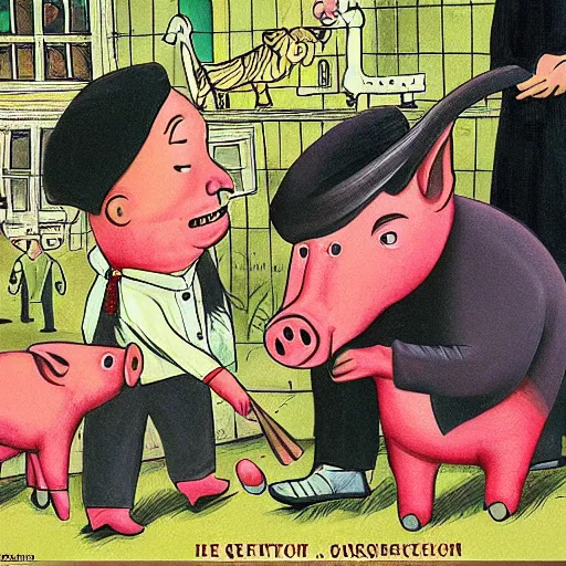 Prompt: pig slaughter with hungarian prime minister viktor orban, highly detailed children book illustration from 1 9 7 0