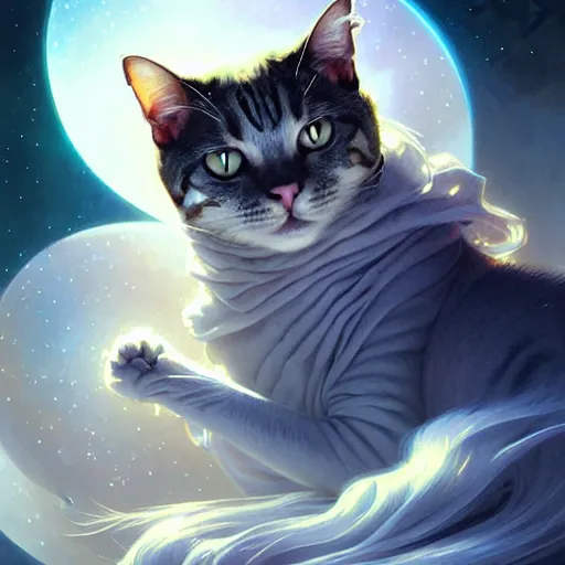 Prompt: Portrait of cat in space, D&D, dark fantasy, intricate, elegant, highly detailed, digital painting, artstation, concept art, smooth, sharp focus, illustration, art by artgerm and greg rutkowski and alphonse mucha