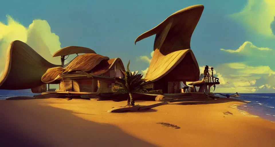 Image similar to environment art, seashell house where a hermit girl lives, atmospheric cinematography by syd mead and emmanuel lubezki