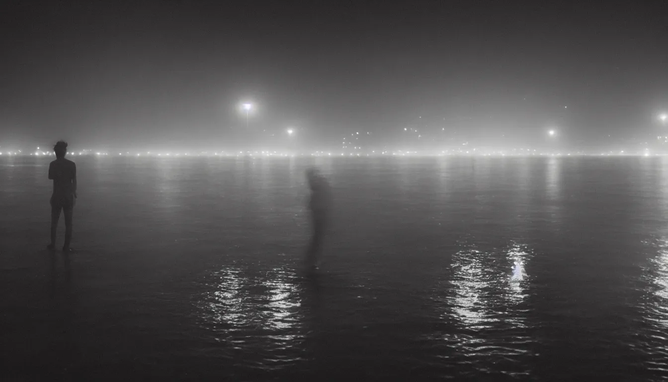 Image similar to 80s asian neon movie still with a lone man levitating over a pier by the river on early morning with city lights behind his back, Fog raising from river, Fallen angels movie still. hyperrealistic, photorealistic, high definition, medium format photography, highly detailed, tehnicolor, anamorphic 50mm lens