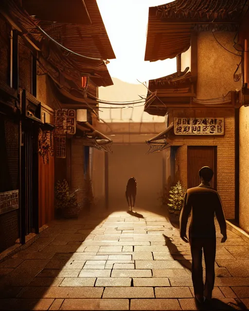 Image similar to artstation scifi scene of two deer - headed shadow, in a chinese town narrow alley, dim lights, long shadows, summer unreal engine 5, hyper realism, realistic shading, cinematic composition, blender render, octane render, hdr, detailed textures, photorealistic, wide shot