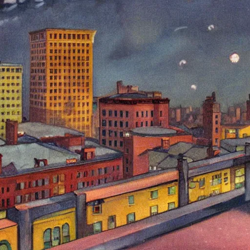 Image similar to full color painting of a balcony view of 1 9 2 5 boston with a broken sky, dark, brooding, night