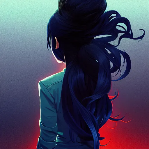 Image similar to low - angle shot from behind of a long blue - haired girl in a tailcoat overlooking hell, combat boots, noir, screenshot, sharp focus, intricate, illustration, cell shaded, digital painting, highly detailed, straight hair, art by ilya kuvshinov, wlop, greg rutkowski, studio quality, james jean