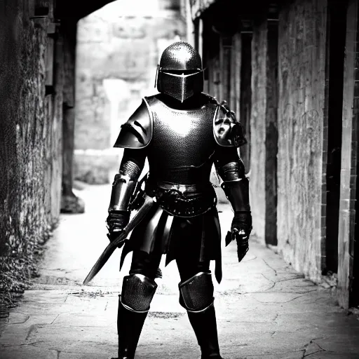 Image similar to Aging knight in black plate armor stands alone in empty alley, no helmet, grey hair, Dungeons and Dragons, character portrait, highly detailed