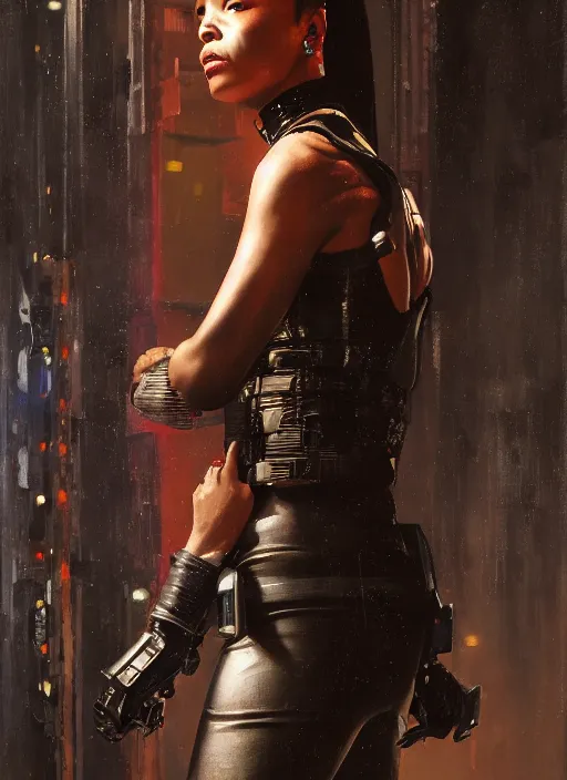 Image similar to Maria Igwe. female Cyberpunk samurai wearing military vest walking through nightclub (blade runner 2049, cyberpunk 2077). Orientalist portrait by john william waterhouse and James Gurney and Theodore Ralli and Nasreddine Dinet, oil on canvas. Cinematic, hyper realism, realistic proportions, dramatic lighting, high detail 4k