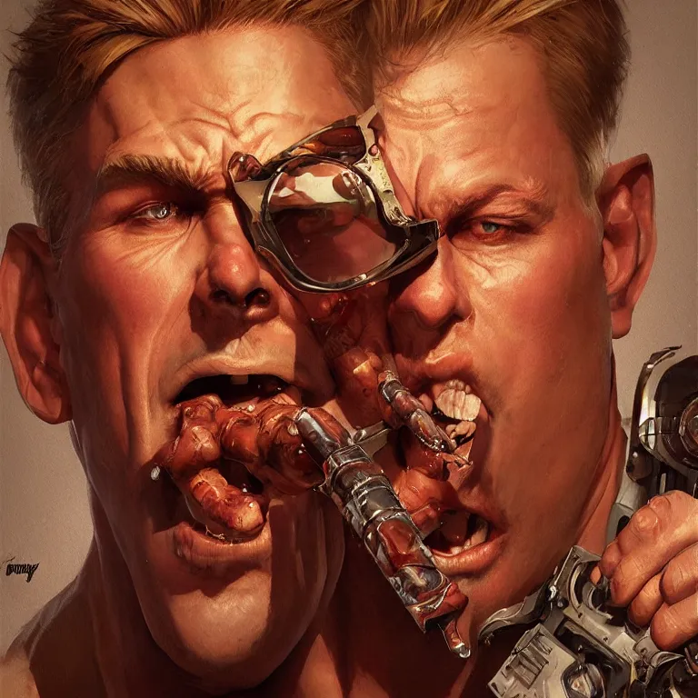 Image similar to !Duke Nukem 3D, square jaw-line, 'groovy', cigar, intricate, cinematic lighting, highly detailed, digital painting, concept art, smooth, sharp focus, illustration, art by Artgerm and Greg Rutkowski, Cgsociety