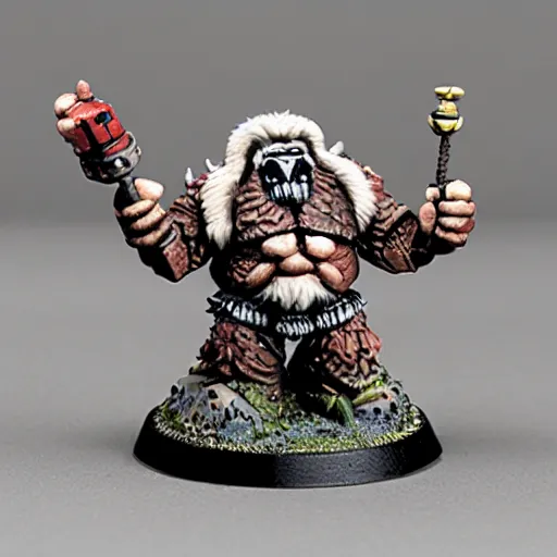 Prompt: warhammer miniature of a yeti holding a blood bowl ball