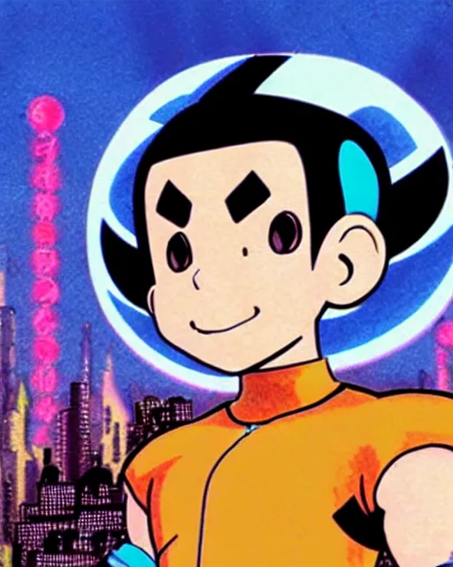 Image similar to a close up portrait of Astro boy in the style of Megaman, weapon on a ready looking determined overlooking a cyberpunk city in the background, full face portrait composition, 2D drawing by Mike Mignola, Yoji Shinkawa, flat colors, chiaroscuro lighting