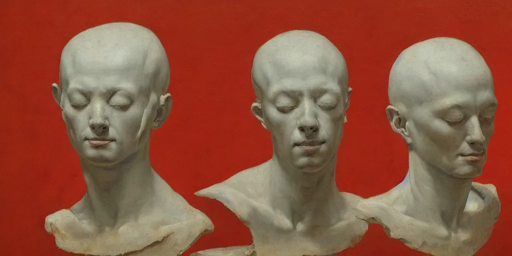 Prompt: 3 white exquisite ancient male busts smiling, oil paint, classic art, 1 6 century style, volume light, in the style of beksinski, parts by edward hopper, parts by rodcenko, parts by yue minjun, diego velazquez, intricate and epic composition, red by caravaggio, insanely quality