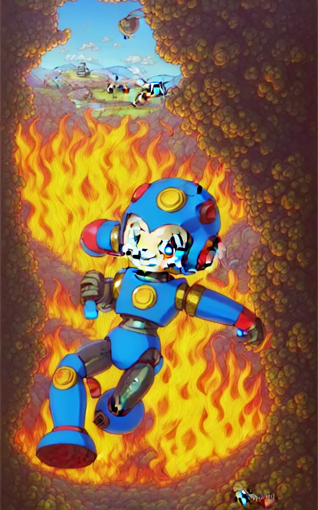 Image similar to wide view of a farm ,reflections of fire on eye, fantasy, intricate, richly detailed colored 3D illustration of a megaman happy and curious. background with completely rendered reflections, art by Range Murata and Artgerm highly detailed, digital painting, trending on artstation, sharp focus, D&D, illustration, style of Stanley Artgerm, perfect smile vogue, awards, model,