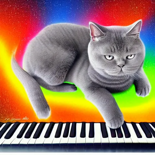 Image similar to portrait of a grey british shorthair cat sitting on piano keys with musical notes in the background detailed colorful luminescent oil painting in the style of claudia sanchez 4 k