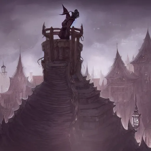 Prompt: a vampire stands on top of a village roof, looks down on street, night, fantasy, concept art, intricate detail, gothic