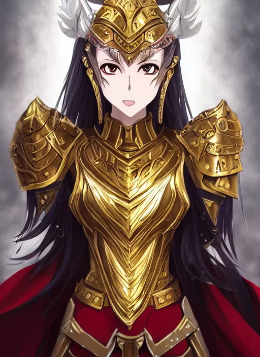 Prompt: full anime portrait of beautiful paladin lady in the temple, face details, heavy brass armor, red ponytail, white skin, golden eyes, high fantasy, dnd, extremely detailed, smooth, sharp focus, digital illustration, by kurone mishima