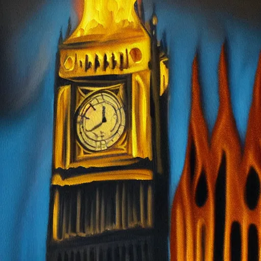 Image similar to detailed, soft, dynamic painting of the Big Ben in flames, burning, arson, professional painting, at dusk