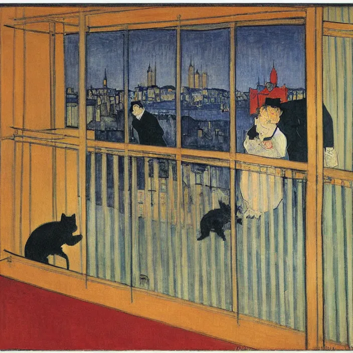 Image similar to couple under a baldachin with city seen from a window frame. fuzzy black cat. henri de toulouse - lautrec, utamaro, matisse, monet, rene magritte
