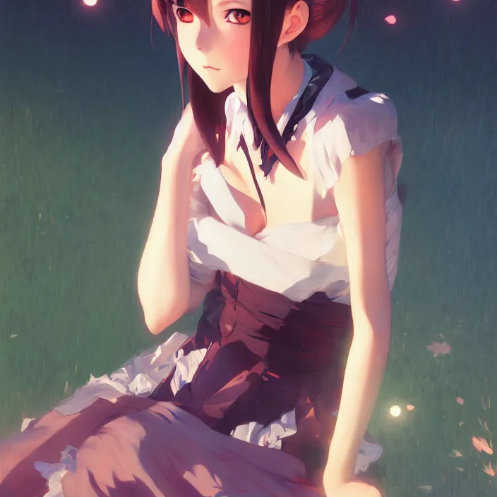 Image similar to a potrait of anime girl, my dress up darling anime, fine details, night setting, realistic shaded lighting poster by ilya kuvshinov, katsuhiro, artgerm, jeremy lipkin, michael garmash, nixeu, unreal engine 5, radiant light, detailed and intricate environment