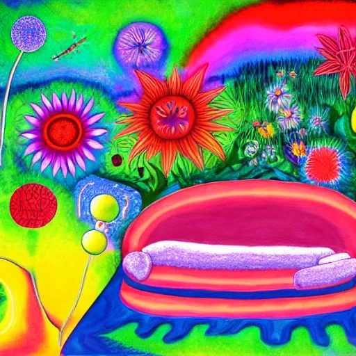 Prompt: psychedelic couch in the lush forest, planets, flowers, milky way, sofa, cartoon by eric carle