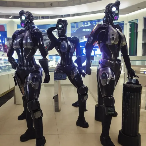 Prompt: Masculine Police Robots Strike Macho Poses in a Futuristic Shopping Mall