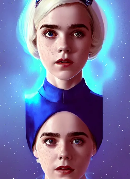 Image similar to portrait of kiernan shipka with freckles, white hair, big 1 9 6 0 s bob hairstyle with bangs and hairband, blue 1 9 6 0 s dress, intricate, elegant, glowing lights, highly detailed, digital painting, artstation, concept art, smooth, sharp focus, illustration, art by wlop, mars ravelo and greg rutkowski