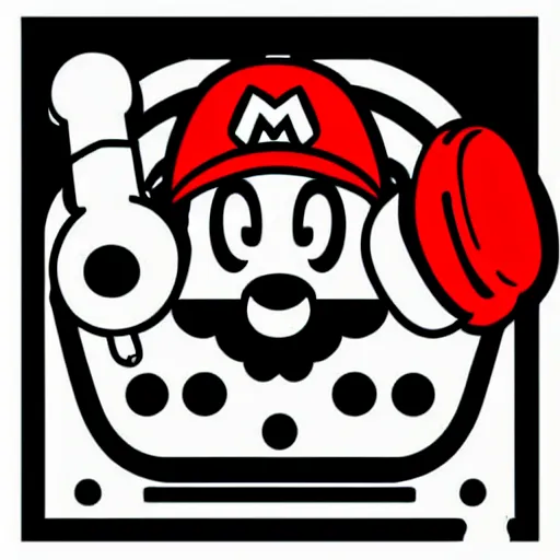 Image similar to svg sticker of a Pop-Wonder SuperMario, Mario-Wearing-a-red-hat, at a rave, spinning records, giant headphones rocking out, wearing headphones, huge speakers, dancing, rave, DJ, spinning records, digital art, amazing composition, rule-of-thirds, award-winning, trending on artstation, featured on deviantart