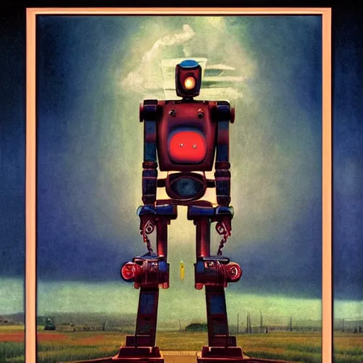 Image similar to A colorful, detailed print - A portrait of a robot standing in a field. by Arnold Bocklin and Barclay Shaw, masterful print. 4k, unreal engine stunning Art Nouveau