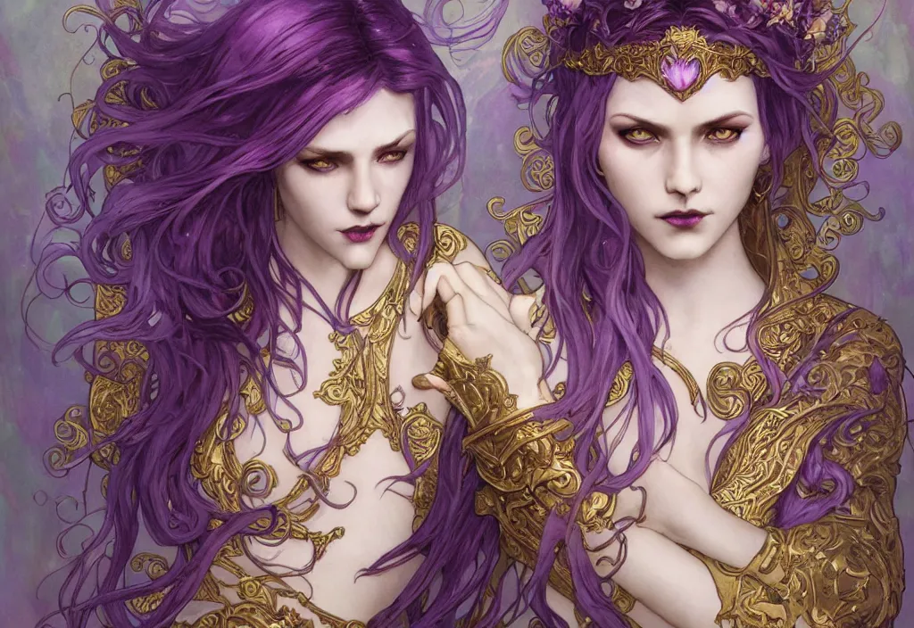 Image similar to vampire with purple hair in armor, highly detailed, very intricate, art nouveau, gold filigree, romantic storybook fantasy, soft cinematic lighting, award - winning, disney concept art watercolor illustration by mandy jurgens and alphonse mucha and alena aenami, pastel color palette, featured on artstation