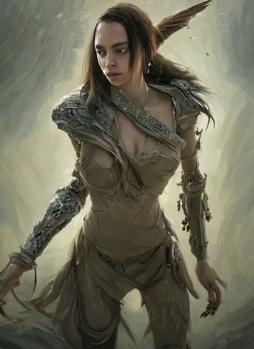 Image similar to a professional portrait of a beautiful young female, clothed in ethereal battle armor, olive skin, long dark hair, beautiful bone structure, symmetrical facial features, intricate, elegant, digital painting, concept art, smooth, sharp focus, finely detailed, illustration, from Valerian and the City of a Thousand Planets, in the style of Ruan Jia and Mandy Jurgens and Artgerm and Greg Rutkowski and William-Adolphe Bouguerea