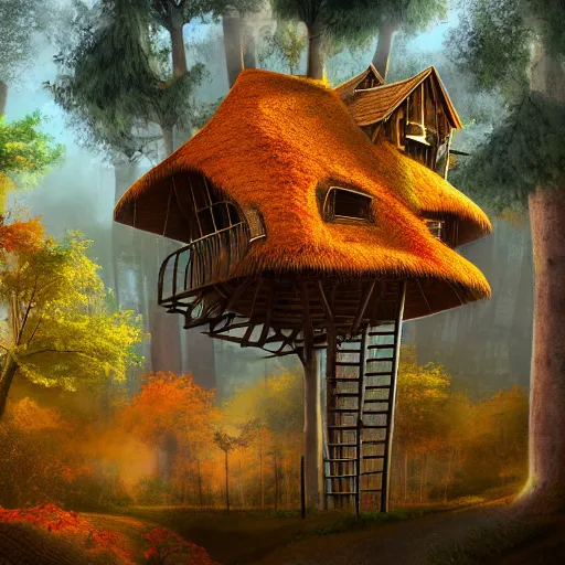 Prompt: a handful of tree houses complete with chimneys with puffs of smoke, nestled in a forest, thatched roofs, golden hour, autumn leaves, ethereal, realistic high quality art digital art trending on artstation