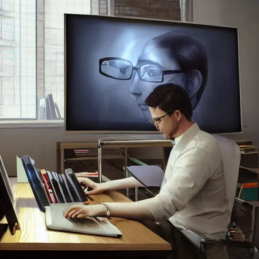 Prompt: a tired man with glasses in an office in front of a computer from the distance, professional digital illustration, highly detailed, digital painting, matte, sharp focus, art by artgerm, frank frzetta, boris vallejo, bouguereau, beksinski, cinematic