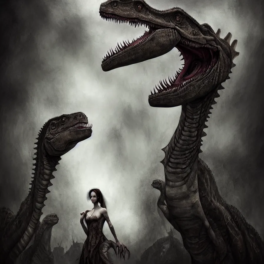 Prompt: epic professional digital art of 🦕👰♀, gloomy, painted,, detailed, foreboding, leesha hannigan, wayne haag, reyna rochin, ignacio fernandez rios, mark ryden, iris van herpen, best on artstation, cgsociety, wlop, pixiv, stunning, gorgeous, much wow, cinematic, masterpiece