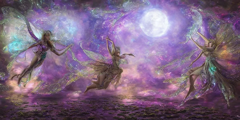 Image similar to concept art of translucent glowing fairies dancing, lovecraftian, renaissance, melting, round moon, rich clouds, moon rocks, large alien flowers, very detailed, volumetric light, mist, fine art, textured oil over canvas, epic fantasy art, very colorful, ornate intricate shiny scales, fractal gems