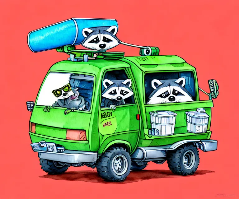 Image similar to cute and funny, racoon wearing goggles driving a tiny garbage truck, ratfink style by ed roth, centered award winning watercolor pen illustration, isometric illustration by chihiro iwasaki, edited by craola, tiny details by artgerm and watercolor girl, symmetrically isometrically centered