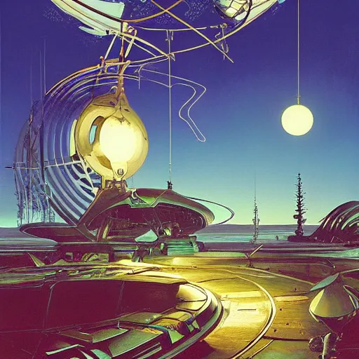 Image similar to painting of syd mead artlilery scifi tech with ornate metal work lands in country landscape, filigree ornaments, volumetric lights, simon stalenhag