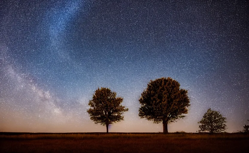 Prompt: night photography of a tree with starry sky