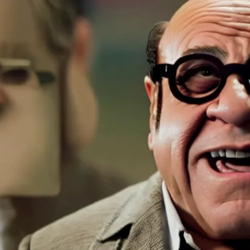 Prompt: film still of Danny Devito wearing his glasses as Hulk in Avengers Endgame