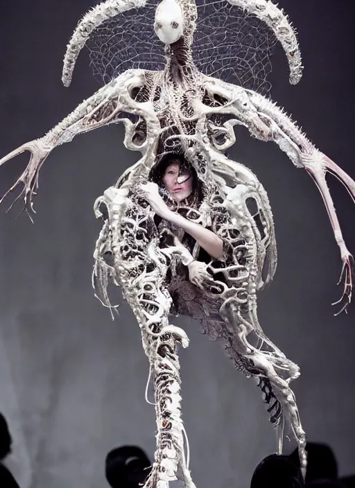 Image similar to walking down the catwalk, ben watts, show, stage, vogue photo, podium, fashion show photo, historical baroque dress dark, iris van herpen, beautiful woman, masterpiece, intricate, biopunk, vogue, full body shot, alien, plant predator, guyver, jellyfish, white biomechanical details, highly detailed