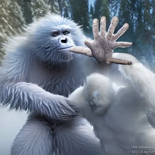 Image similar to a high detailed realistic photo of a yeti and sasquatch fighting