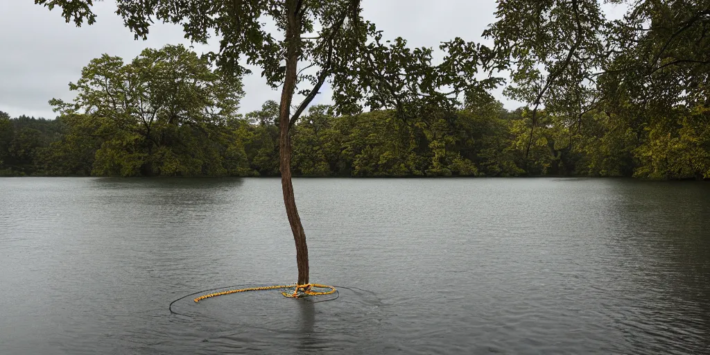 Prompt: centered subject on an infinitely long rope zig - zagging across the surface of the water into the distance, the floating submerged rope stretches out towards the center of the lake, a dark lake on an overcast day, atmospheric, color film, trees in the background, hyper - detailed photo, anamorphic lens