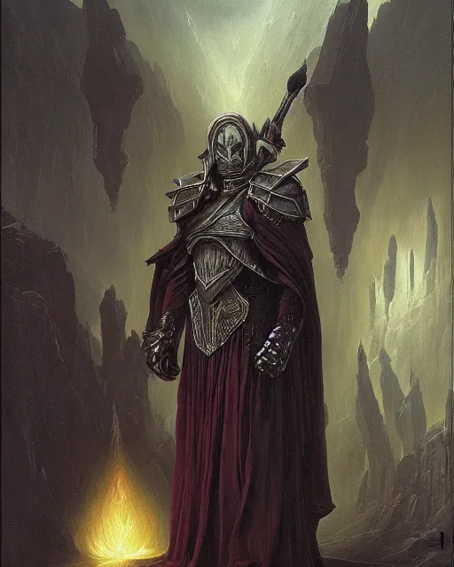 Image similar to A wizard. He has a very menacing expression. he wears robes and armour. Award winning oil painting by Thomas Cole and Wayne Barlowe. Highly detailed