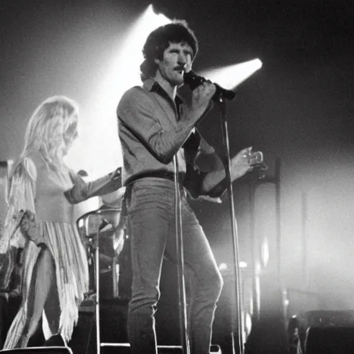 Prompt: Todd Howard performing on stage with Fleetwood Mac. Photojournalism, flash photography, concert photo, hyper realistic, dynamic lighting, god rays, smoke machine.