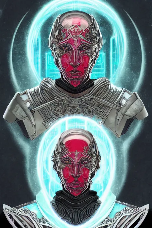 Image similar to a stunning and hypnotic full-color art nouveau and cyberpunk styled bust portrait of elric as a godlike and stoic chaos king, with violent conquering red eyes, extremely detailed aquiline facial structure, art nouveau cybernetic armor and an intricately detailed black sword of magical power, perfectly symmetrical albino facial structure and linework, handsome alien facial characteristics, by travis charesyt, michael kaluta, michael whelan and bill sienkiewicz, dark sci-fantasy, deep complexity, male face and bust, sci-fi character concept, photorealism, art nouveau framing, stunning lighting, hyperrealism, 8k