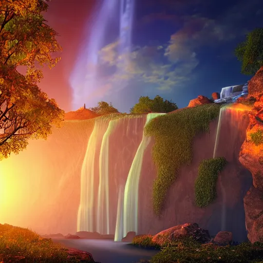 Prompt: fantastic landscape with waterfall high resolution beautiful lighting vivid colors unreal engine, 4 k wallpaper