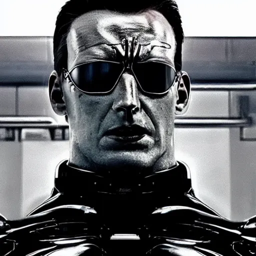 Prompt: “a realistic detailed photo of a guy who is the t-1000 terminator robot, composed of liquid metal, or a mimetic polyalloy nanorobotics, who is a male android, Chris Evans, posing like a statue, blank stare”